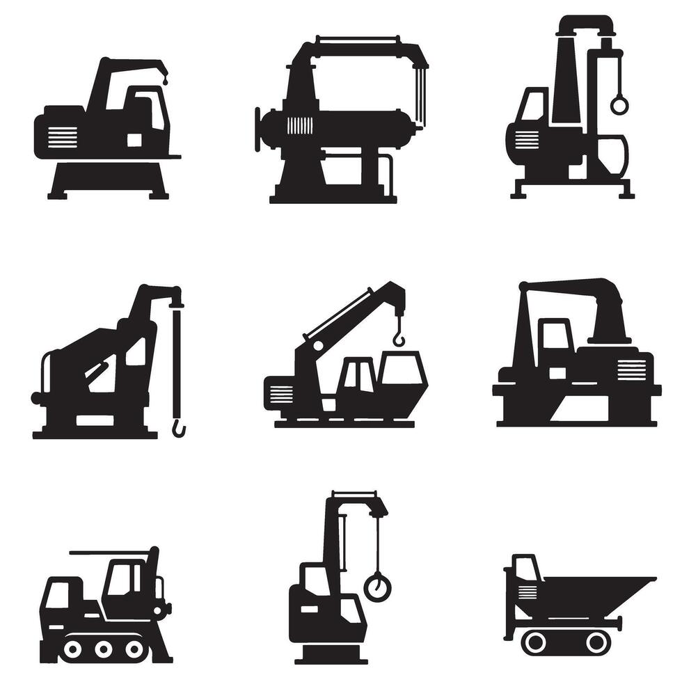 Industrial automation and machinery icon silhouette bundle with equipment, gears, and settings vector