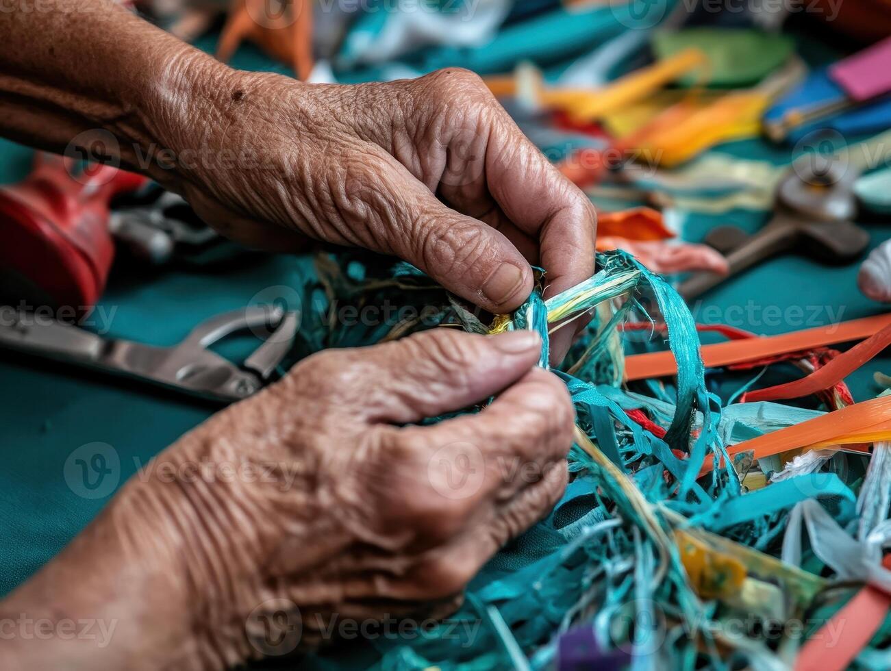 Close-up of aged hands skillfully working with colorful threads and tools on a vibrant table surface. photo