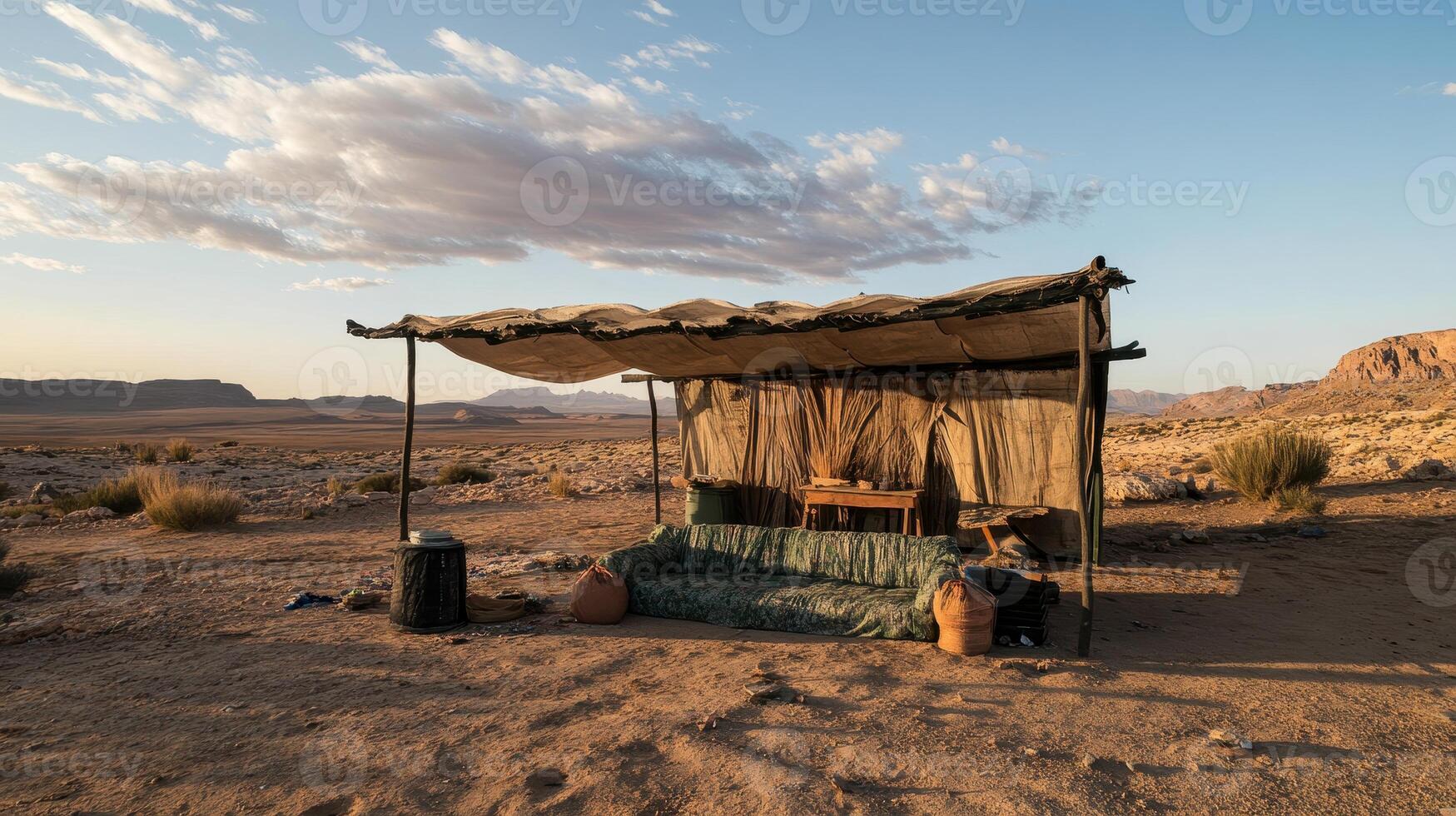 A rustic shelter in a vast desert landscape under a dramatic sky, evoking a sense of solitude and natural beauty. photo