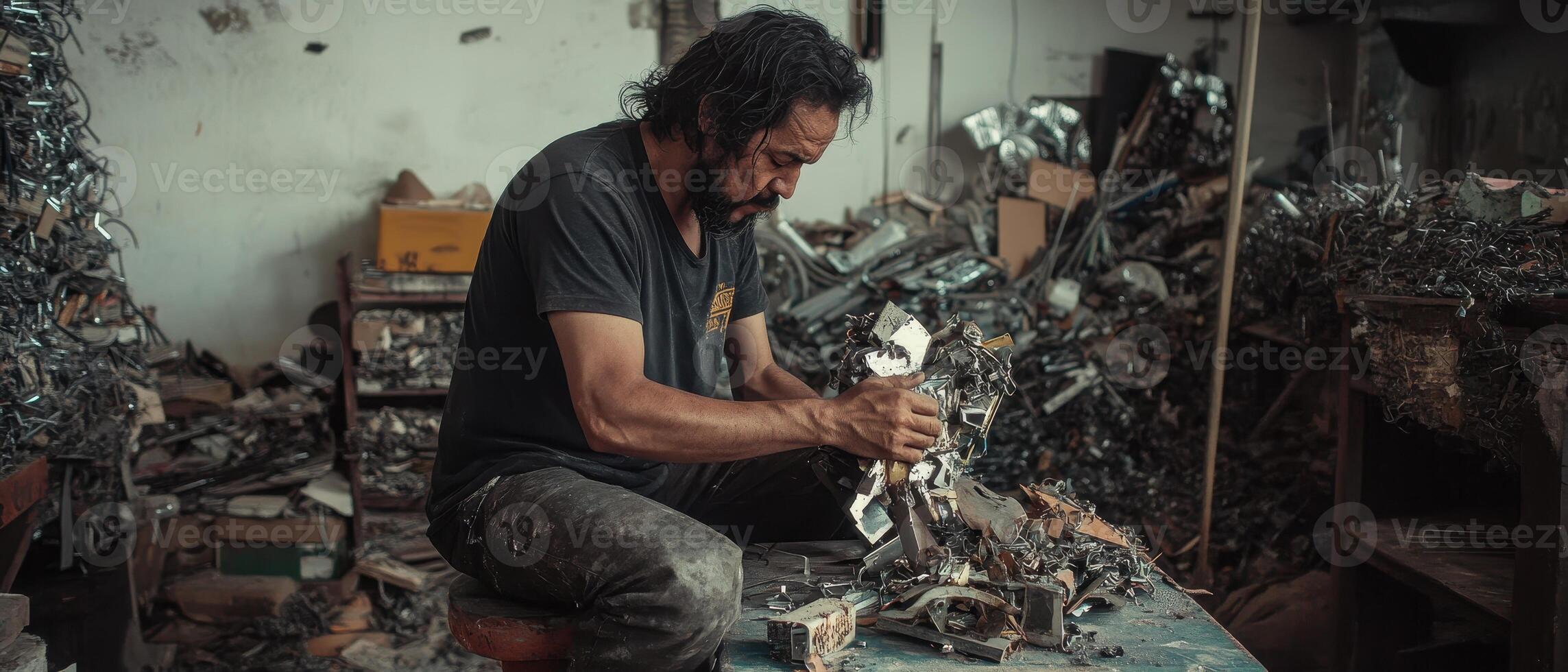 A craftsman meticulously works on a project amidst a cluttered workshop filled with materials. photo