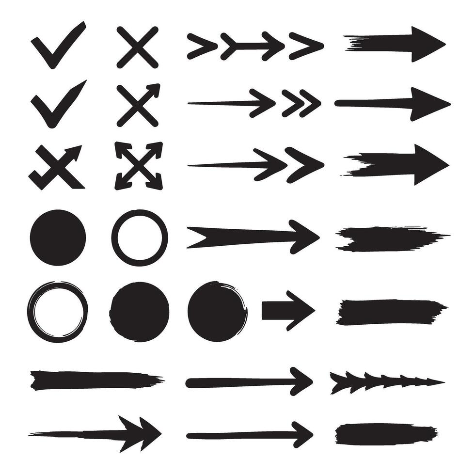 Check marks, crossed, arrows, underlines, circles, squares, brush stroke icon element silhouette bundle UI pack vector