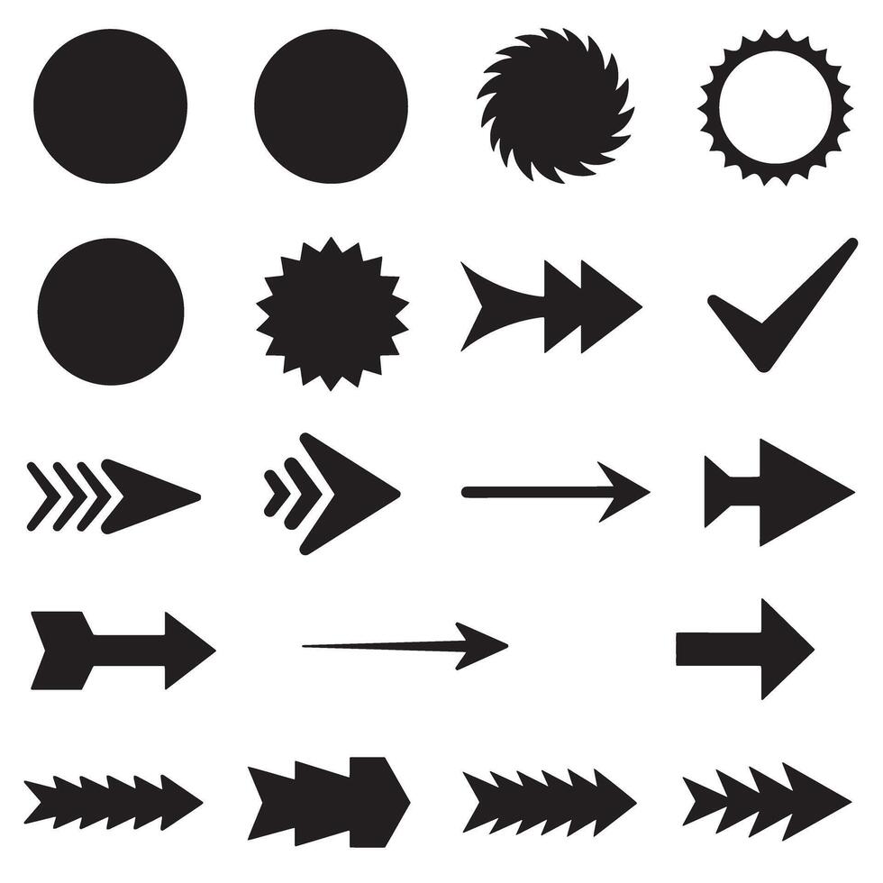 Circle, arrow, check marks, and line and other element silhouette bundle with clean interface symbol pack vector