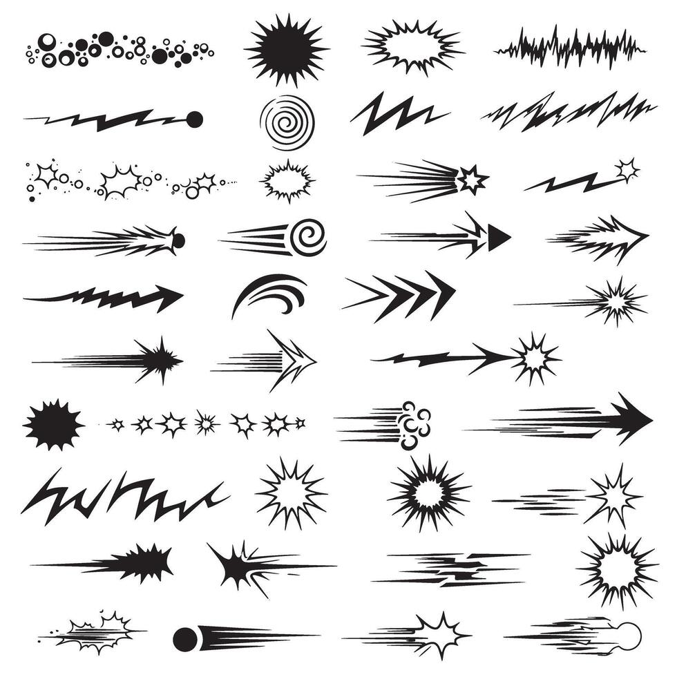 Manga-style comic line sparkle and dynamic stroke element set with black ink burst and pop art motion accents vector
