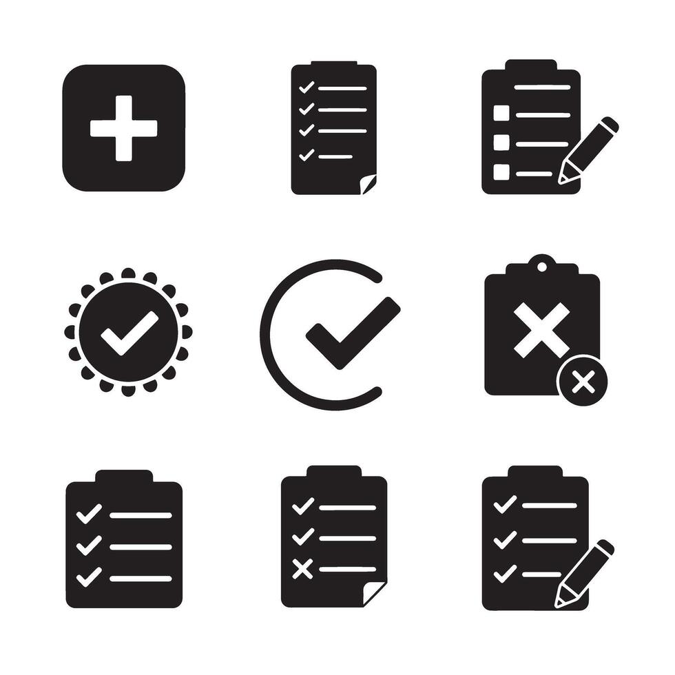 Forms and task management icons featuring checkmark and cross symbols productivity silhouette set vector
