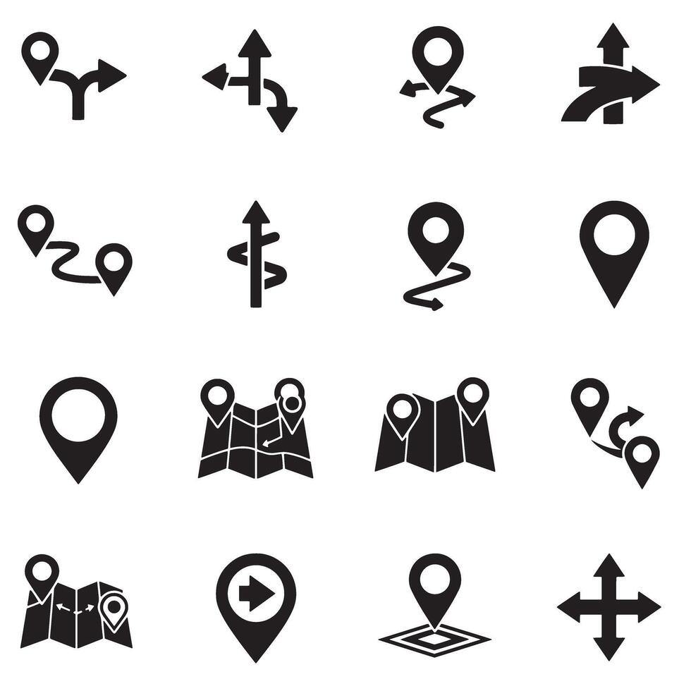 Map navigation icon silhouette bundle with pins, arrows, and direction tools vector