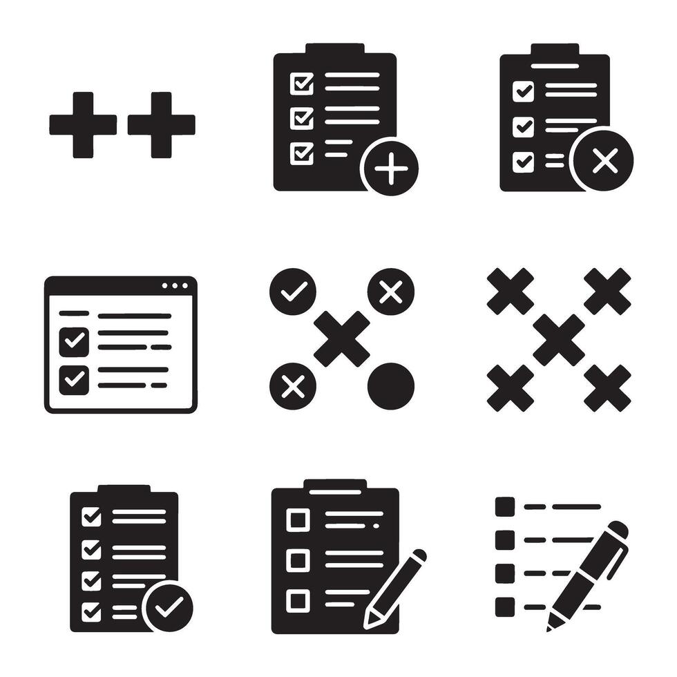 Flat forms icon pack with to-do list checkmark cross productivity elements silhouette design vector