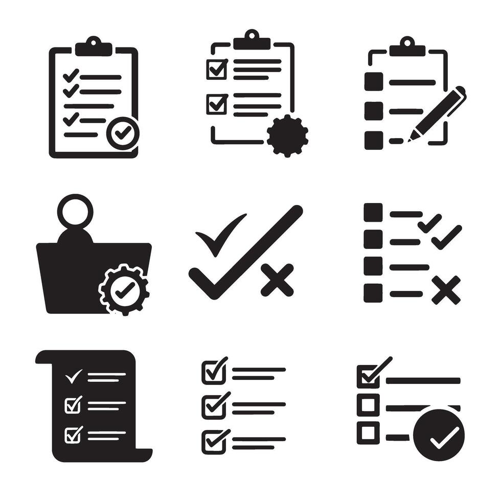 Forms checklist and productivity icons with cross symbol elements clean and bold silhouette pack vector