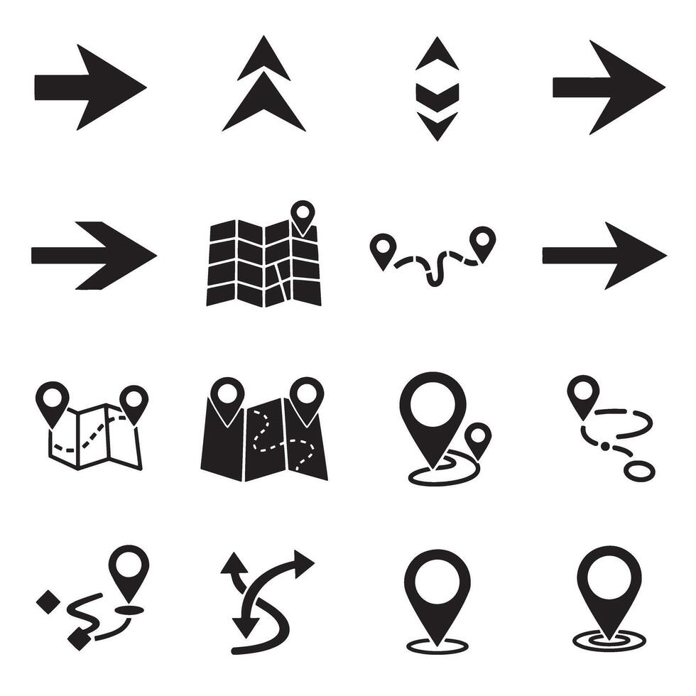 GPS navigation arrows, pins, and location icon silhouette bundle for travel graphics vector