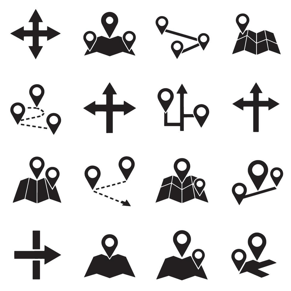 Travel map navigation arrows and location icon silhouette bundle for layout vector