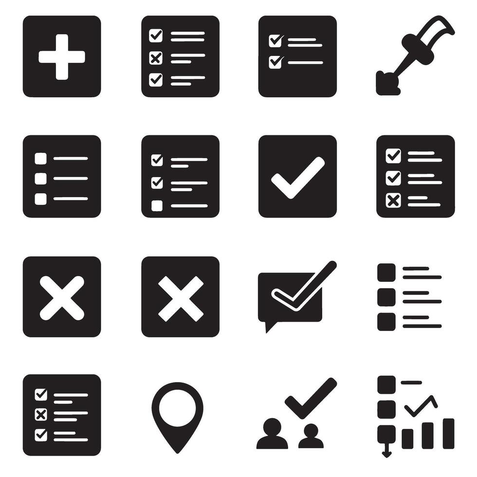 Clean forms icon set for productivity with checklists and cross symbols design in silhouette style vector