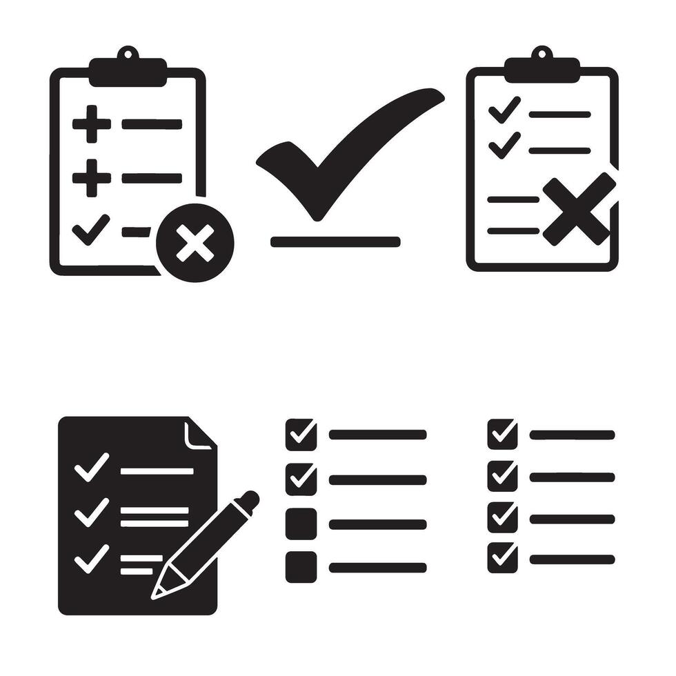 Productivity checkmark and cross symbol icon pack with forms and list elements silhouette style vector