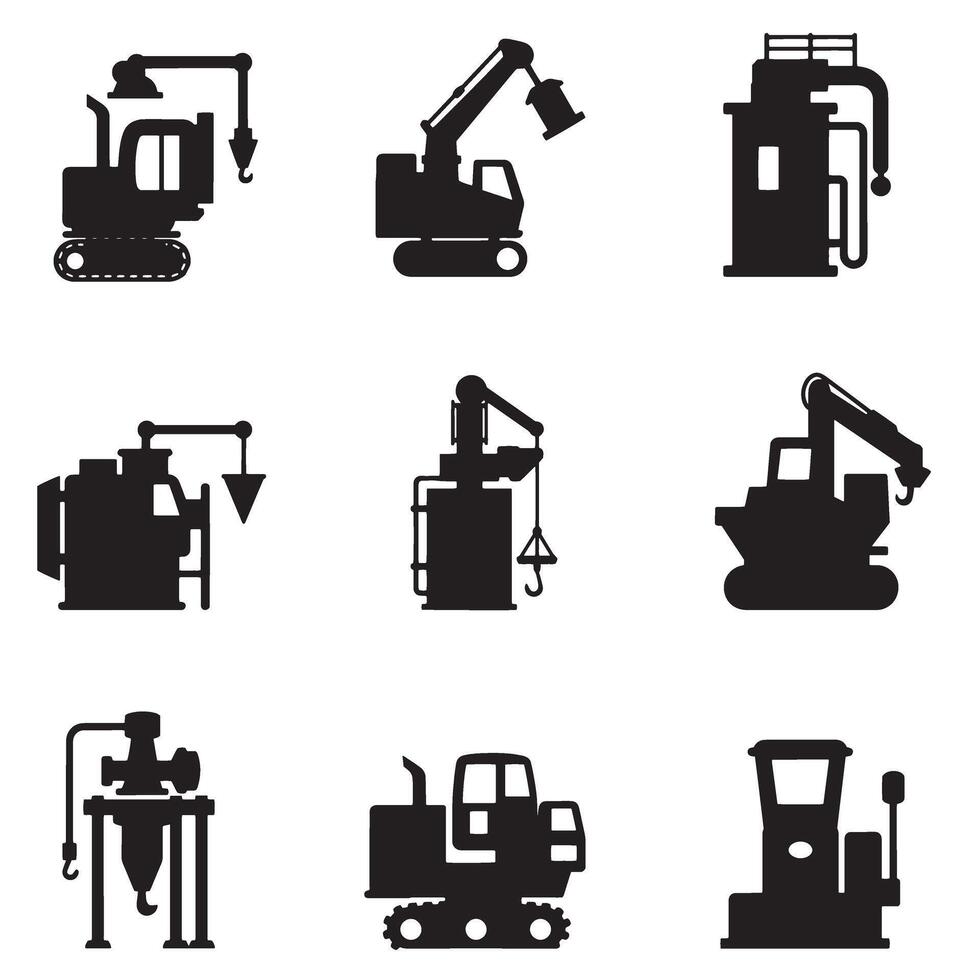 Factory toolset and industrial machinery icon silhouette bundle for blueprint design and layout vector