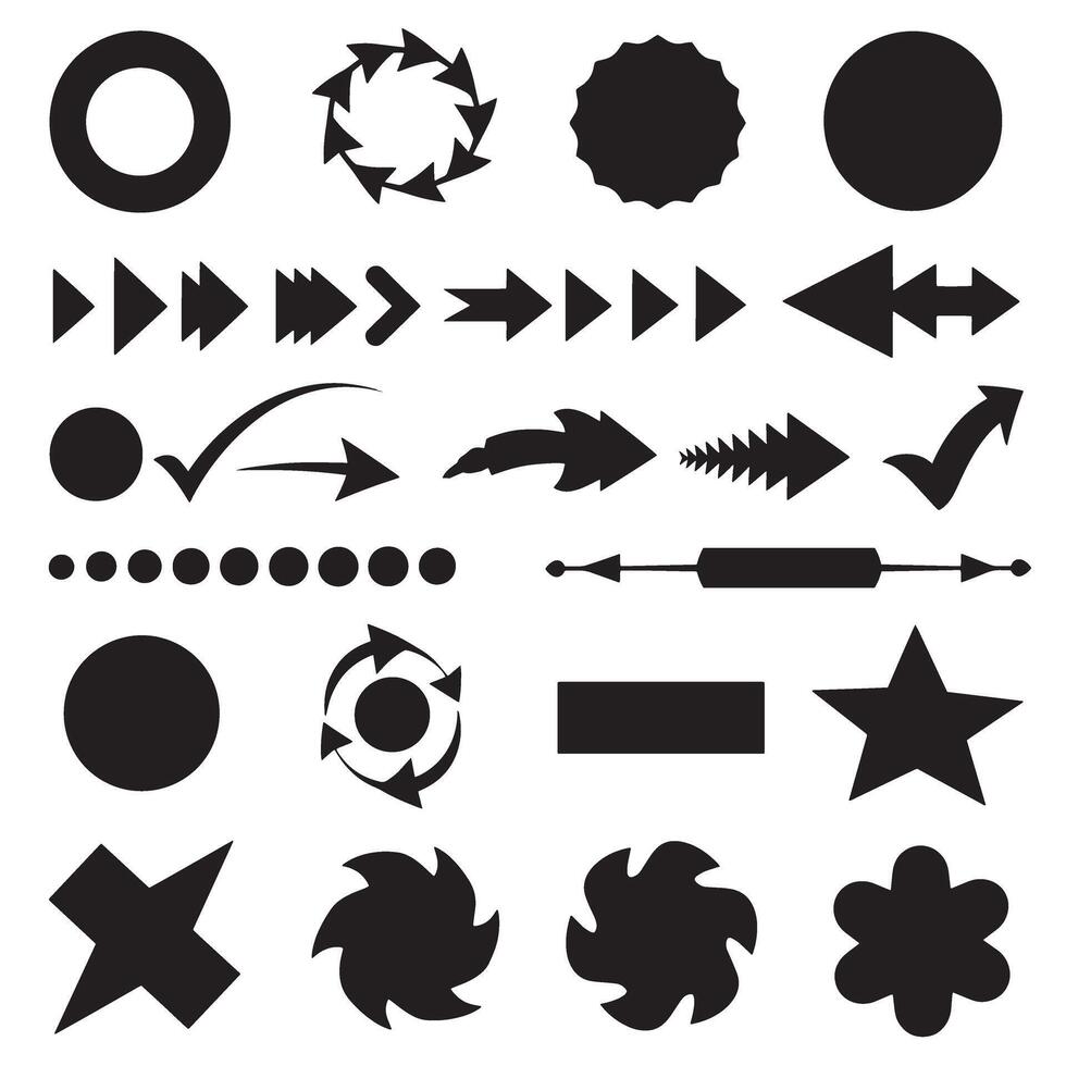 Circle, arrow, check marks, and line and other element silhouette bundle with hand-drawn and bold icons vector