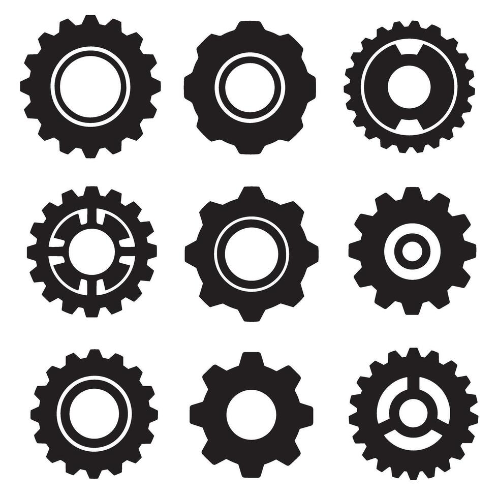 Gear symbol icon silhouette bundle with mechanical shapes for branding vector