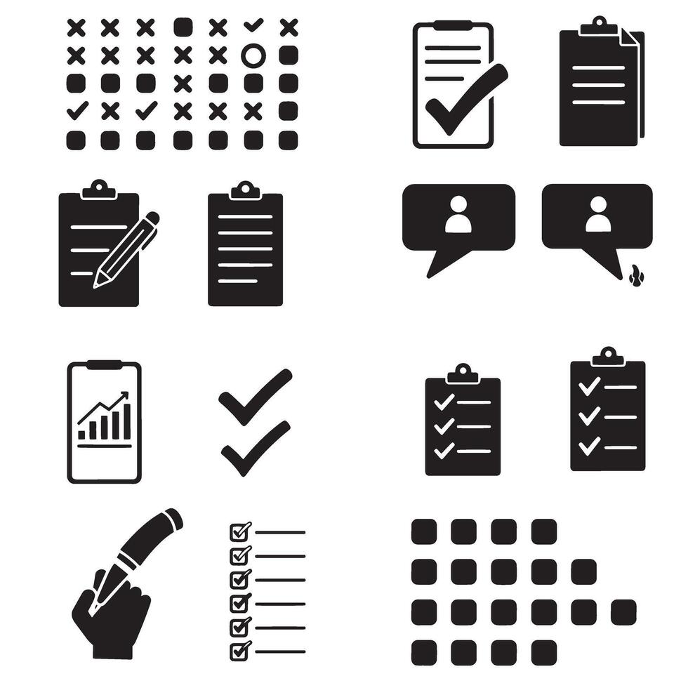 Creative forms icons and productivity symbol pack with checkmarks cross signs silhouette elements vector