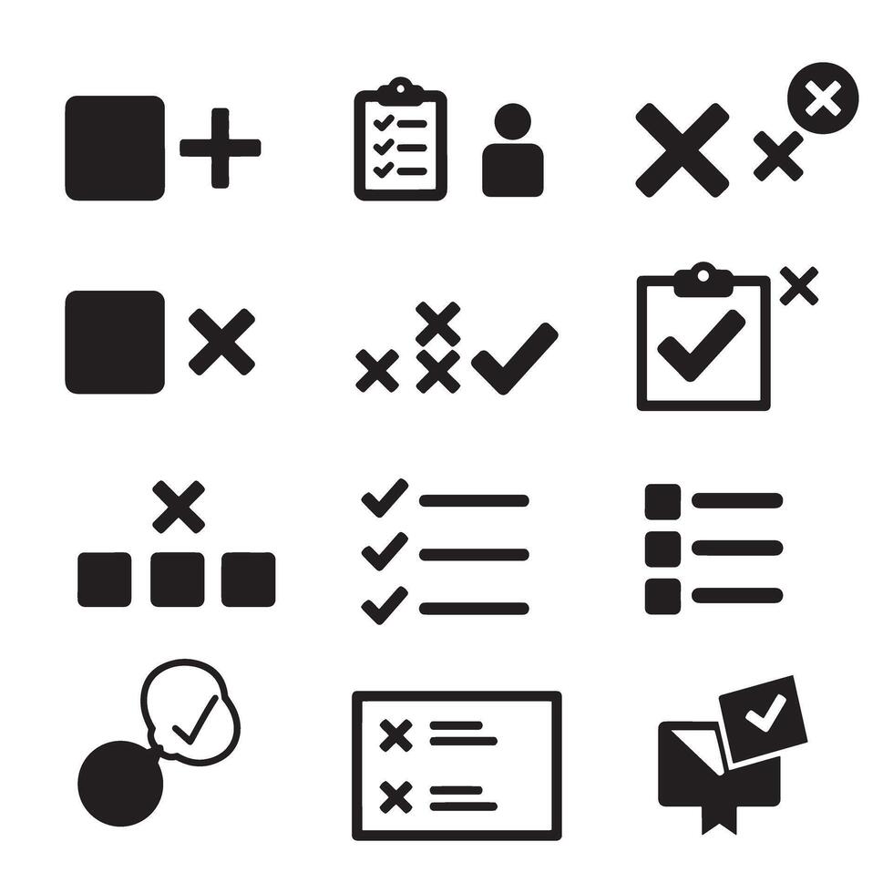 Minimal forms and list icons with productivity checkmark cross symbol elements silhouette set vector