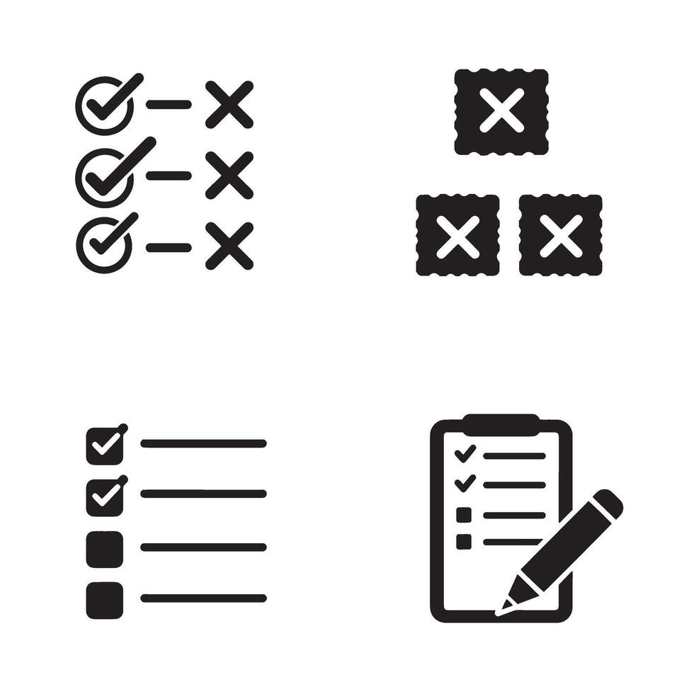 Outline style forms and productivity icons featuring checklist and cross silhouette design set vector