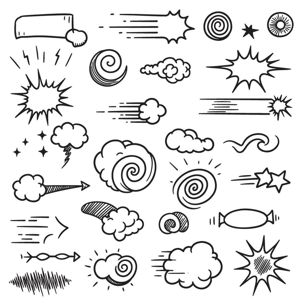 Motion stroke and comic line sparkle elements set with dynamic manga bursts and pop art black ink silhouette vector