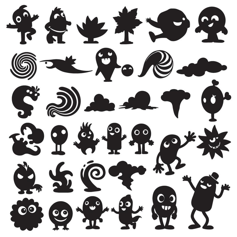 Groovy funky element tree, animal cartoon, flower and other element silhouette bundle with decorative wild shapes vector