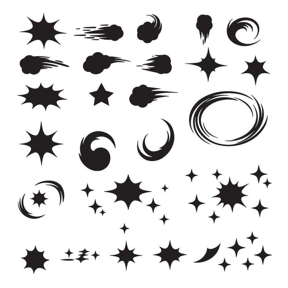 Sparkle doodle icon and burst silhouette illustration set for creative designs decorative assets and print use vector