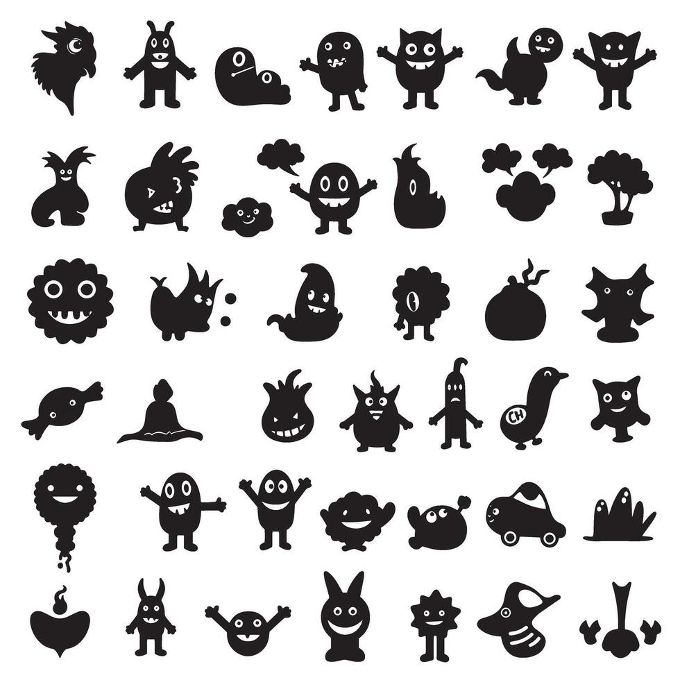 Groovy funky element tree, animal cartoon, flower and other element silhouette bundle with botanic swirl designs vector