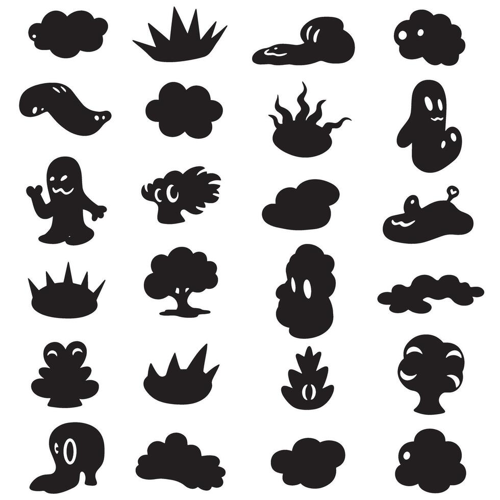 Groovy Funky element set bundle silhouette with expressive cartoon shapes, abstract doodles, and floral swirl elements vector