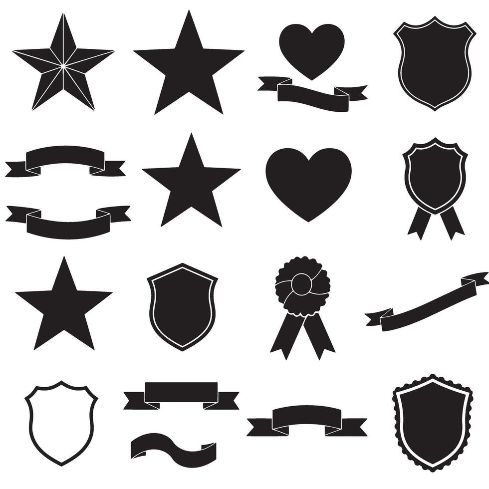Start bundle of star, shield, heart shape, ribbons banner and others element set silhouette for scroll tags vector