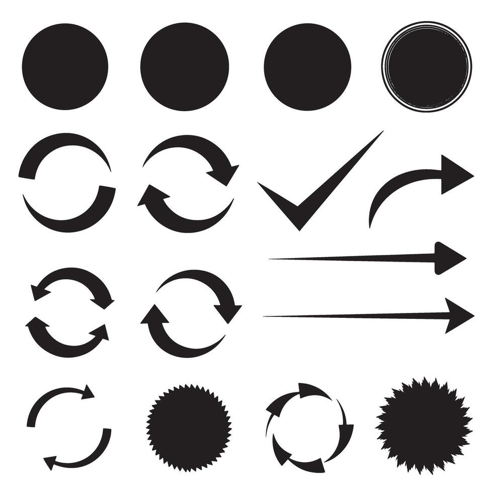 Circle, arrow, check marks, and line and other element silhouette bundle with editable icons and line art graphics vector