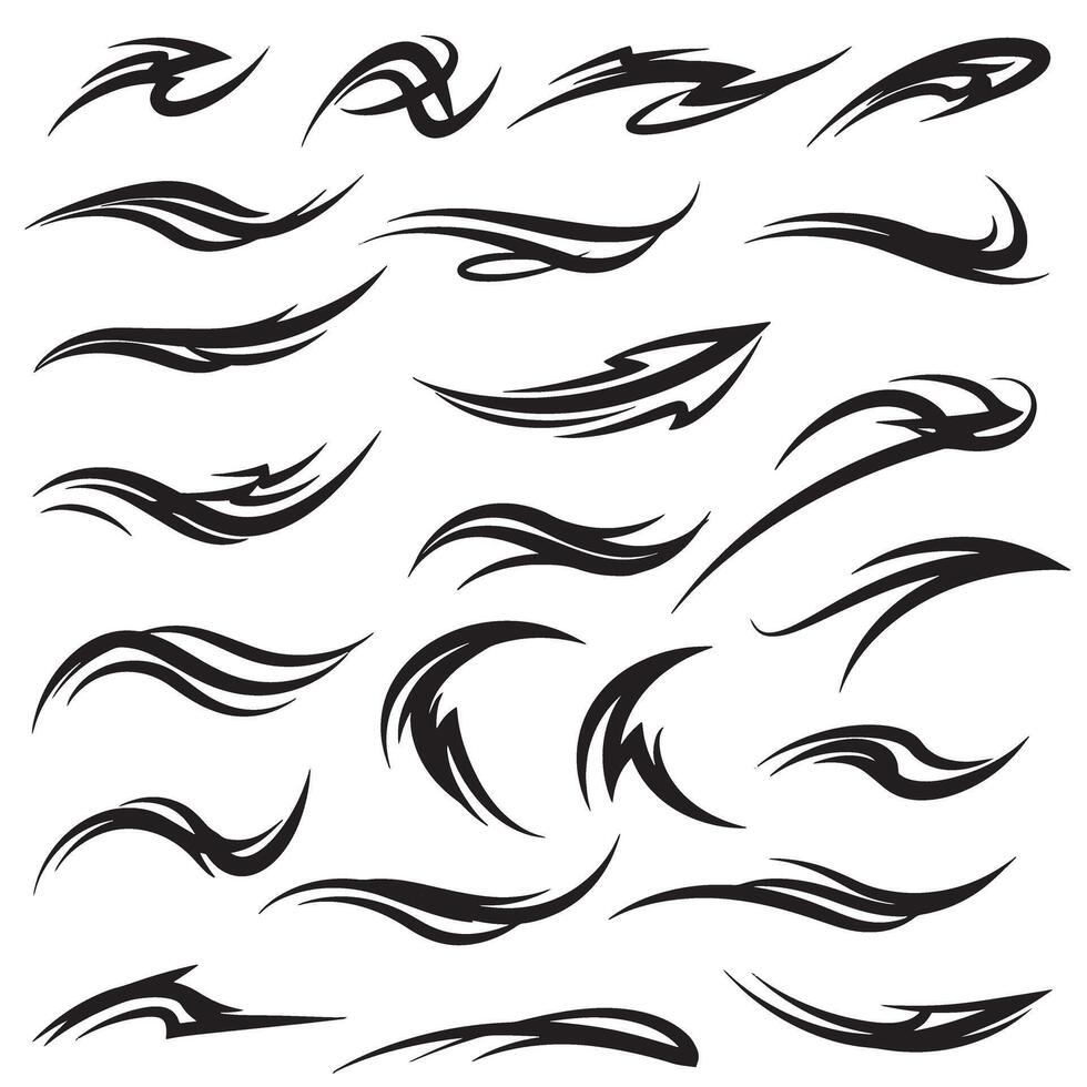 Graphic bundle of abstract line motion energy symbols and dynamic silhouette movement design elements vector