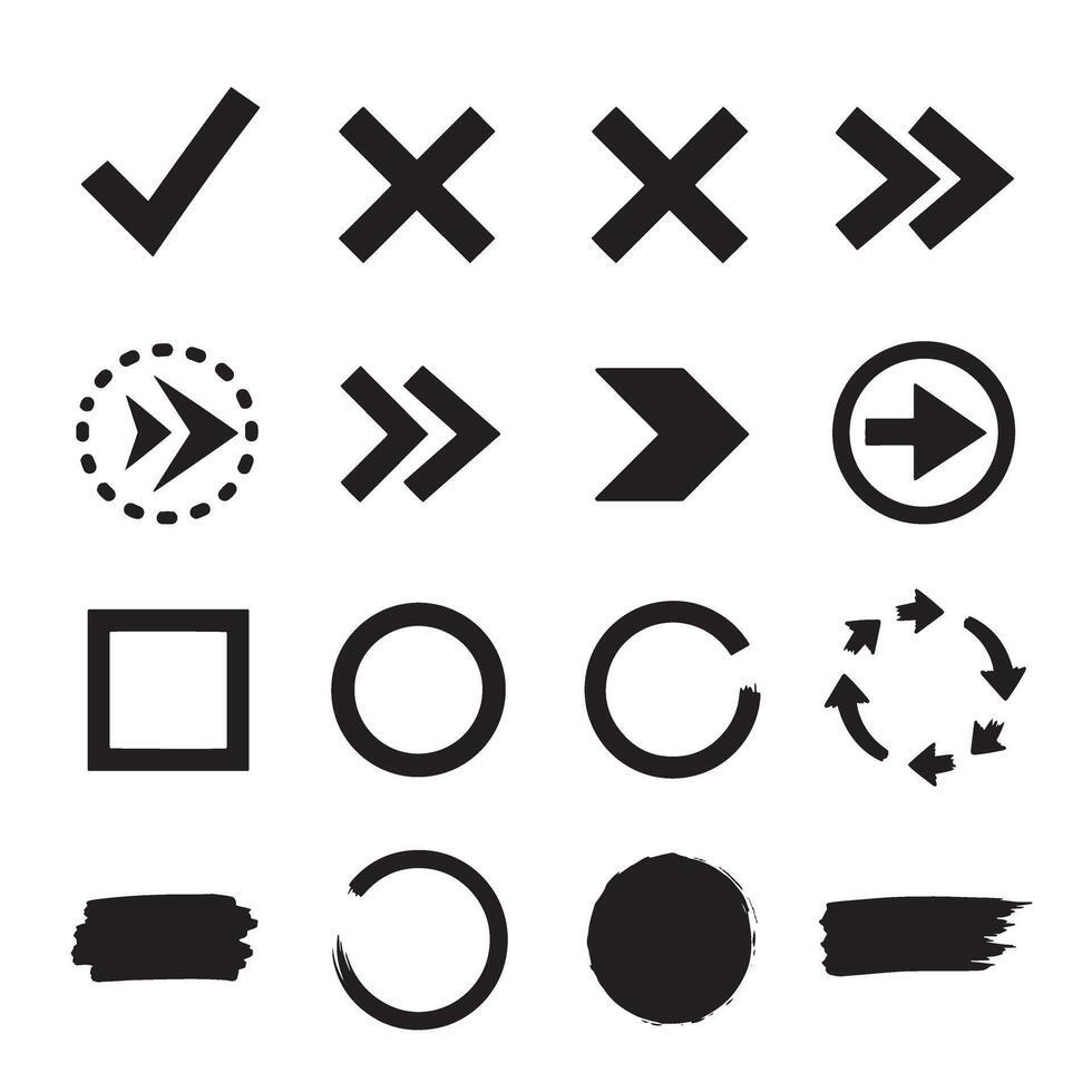 Check marks, crossed, arrows, underlines, circles, squares, brush stroke icon element silhouette bundle collection vector