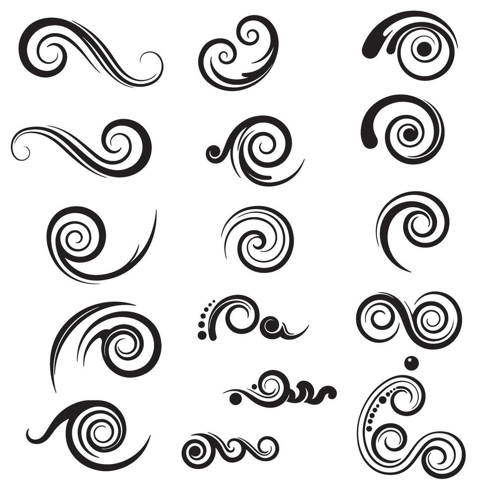 Spiral and swirl silhouette set for retro design use, tattoo art, and decorative emblem flourishes vector