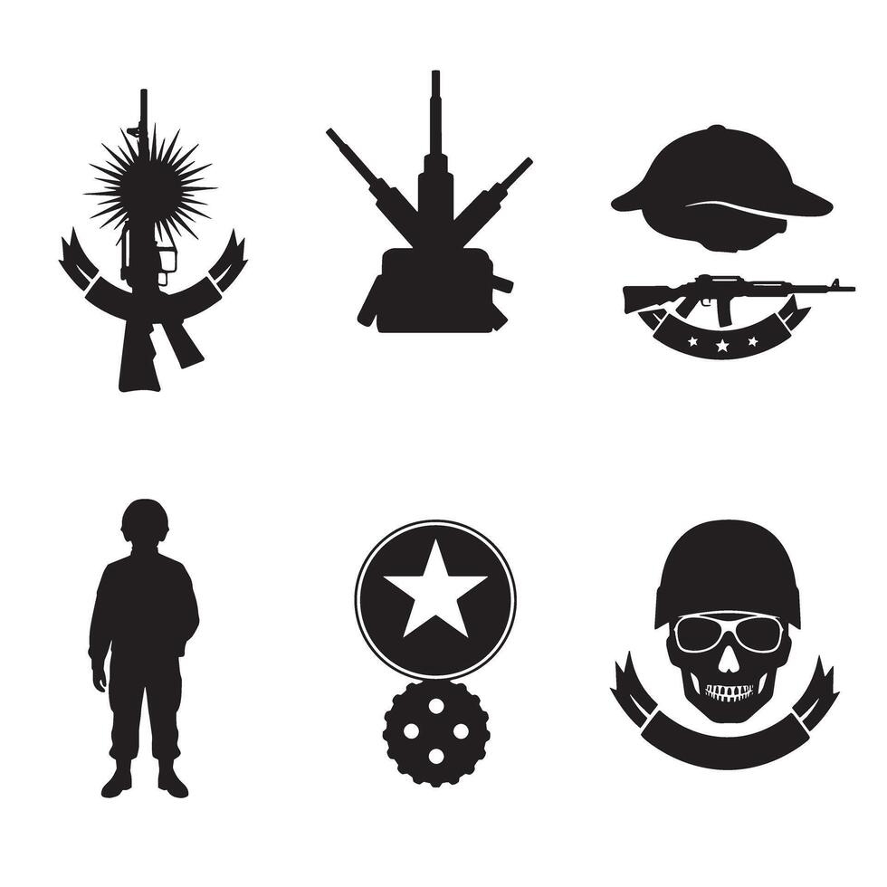 Resolute army icon bundle with military elements in clear silhouette style for official emblems and patriotic media vector