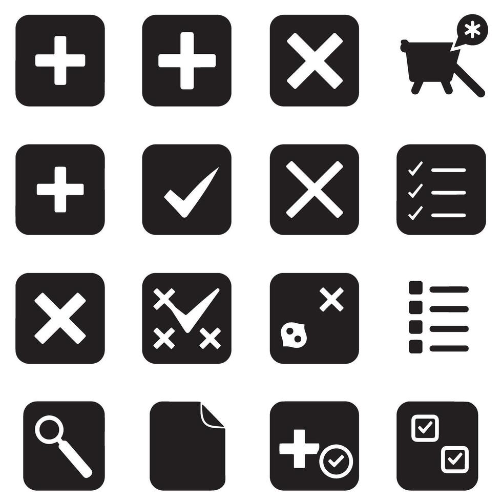 Monochrome productivity icons featuring forms checklists cross symbols and list shapes silhouette vector