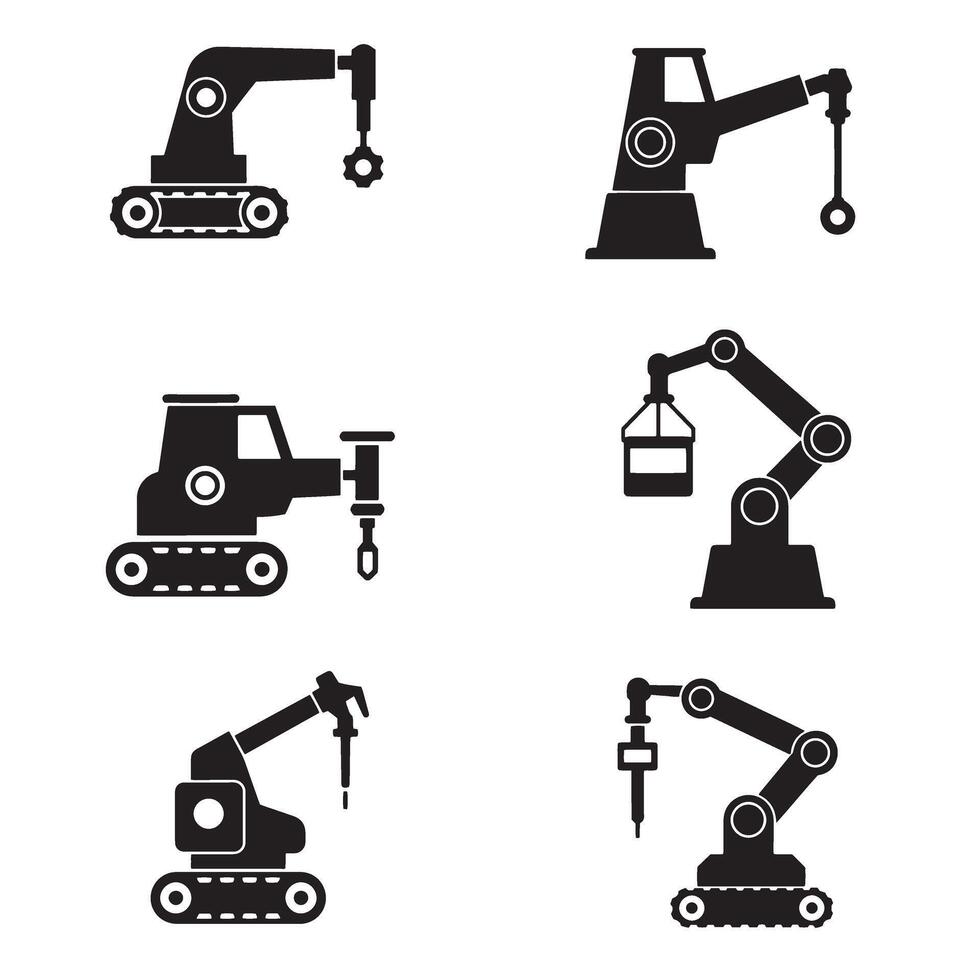 Heavy machinery and industrial icon silhouette bundle for technical, tools, and factory graphics vector