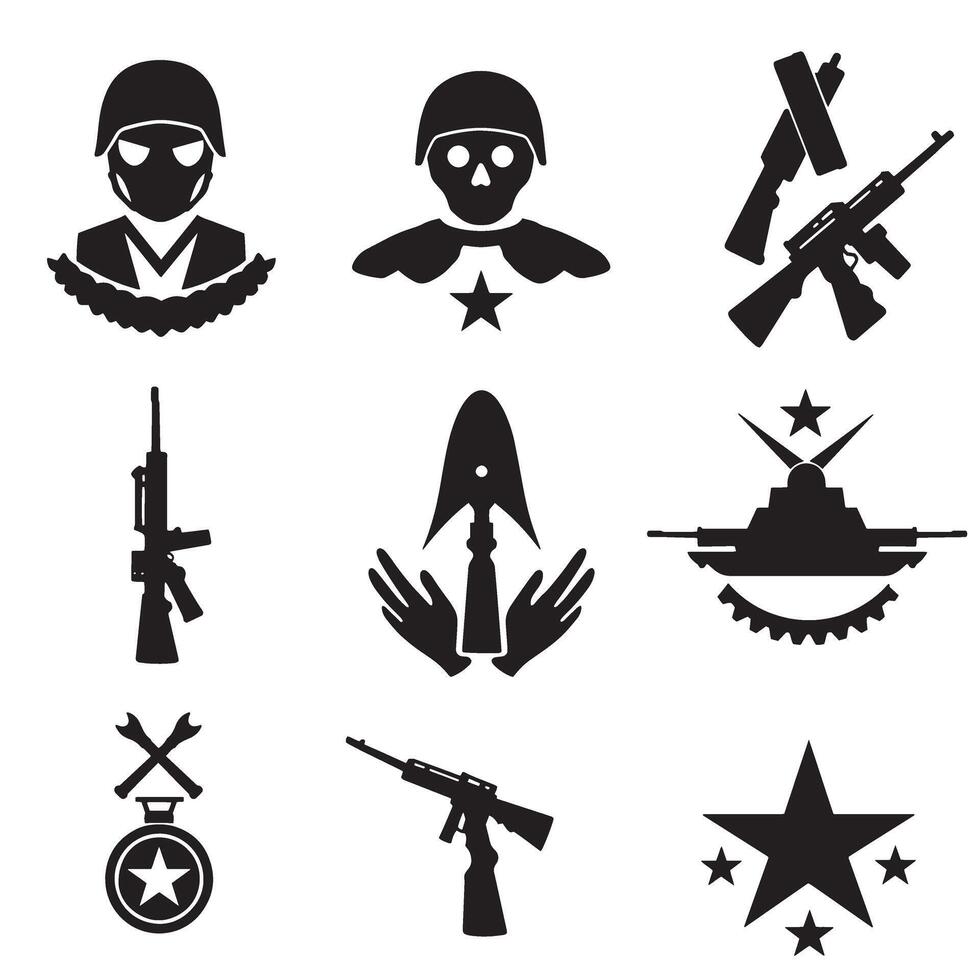 Dynamic army icon collection with modern military elements in bold silhouette style for uniform visual identity vector