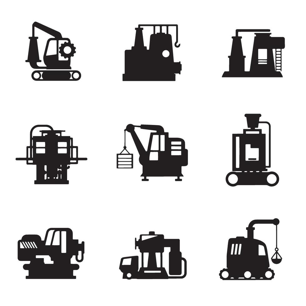 Industrial machinery icon silhouette bundle with factory tools, gears, equipment, and heavy machines vector