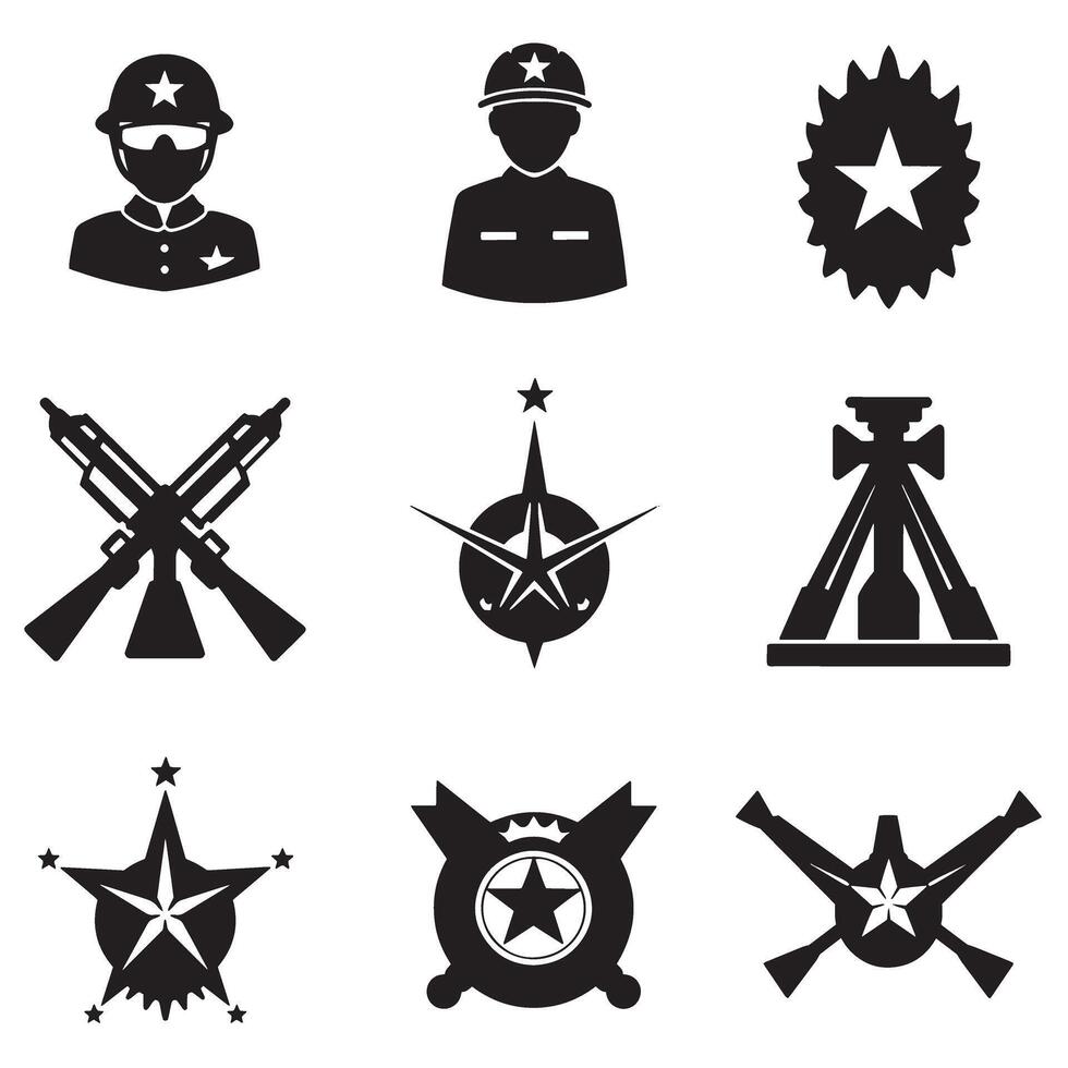 Classic military icon collection with army insignia in refined silhouette design for traditional defense branding vector