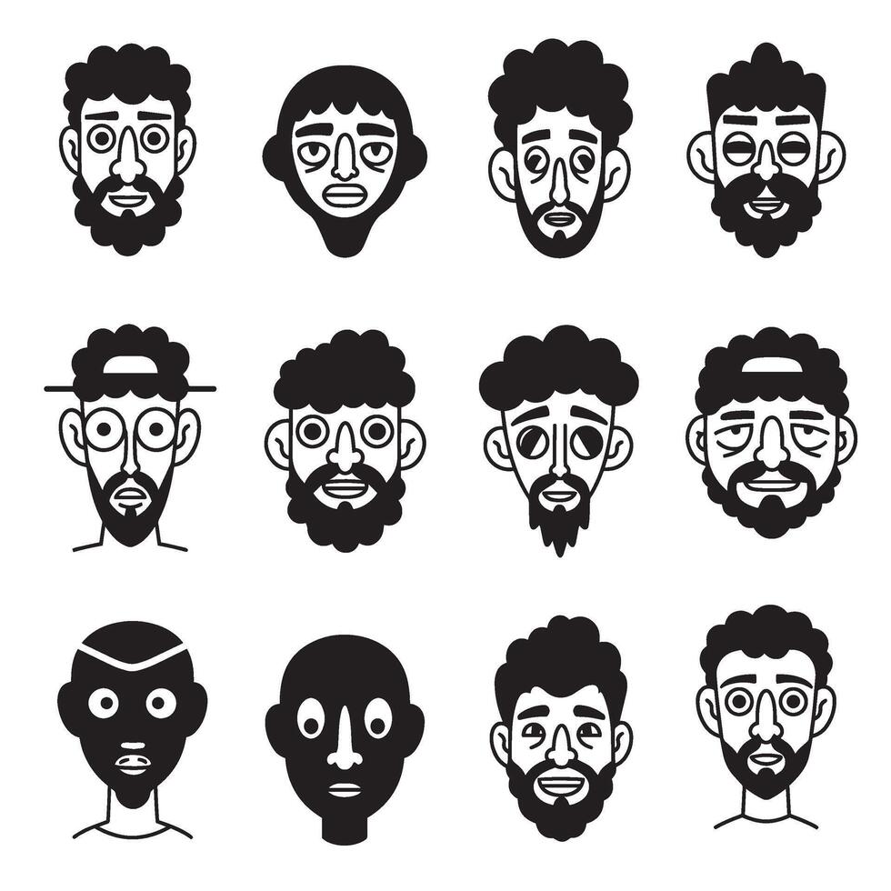 Expressive cartoon man face silhouettes logo bundle in abstract art style for brand projects vector