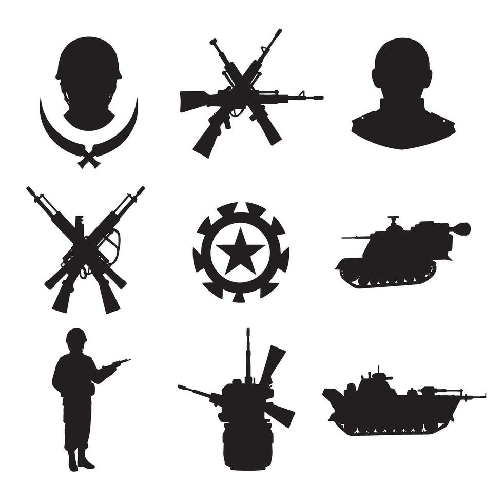 Versatile military icon bundle with army graphics in clear silhouette design for branding initiatives and print media vector