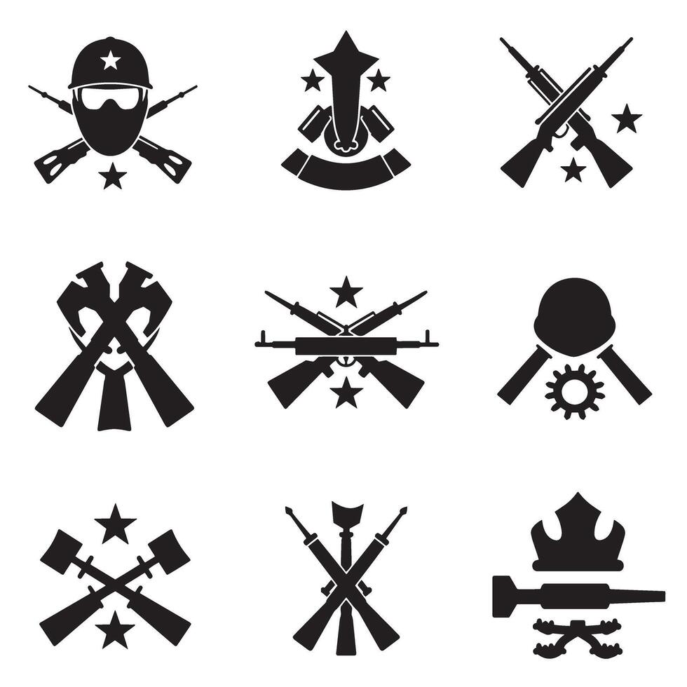 Innovative army icon set with modern military symbols in sleek silhouette style for contemporary campaign art vector
