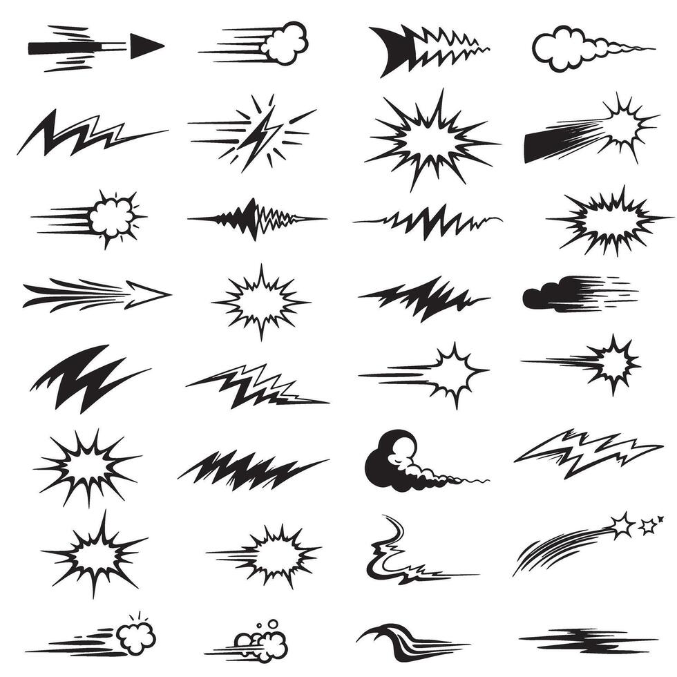 Comic line sparkle, burst, and movement element set with dynamic cartoon strokes and manga motion effects vector