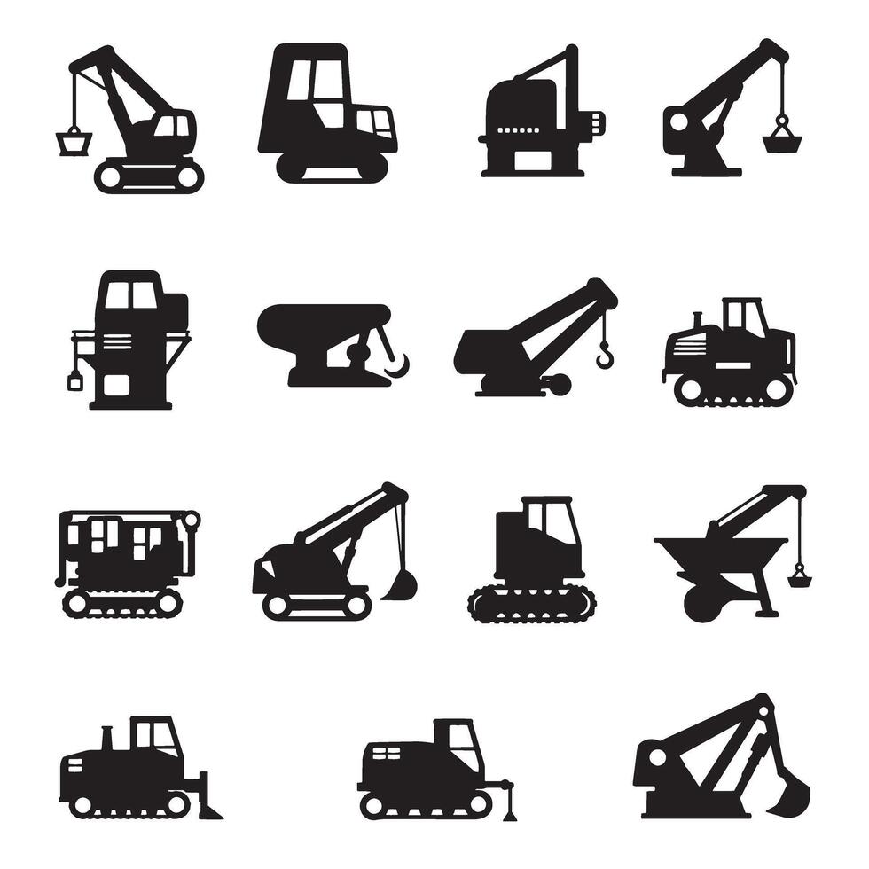 Industrial machinery icon silhouette bundle for mechanical workshop, tools, factory and CAD layout vector