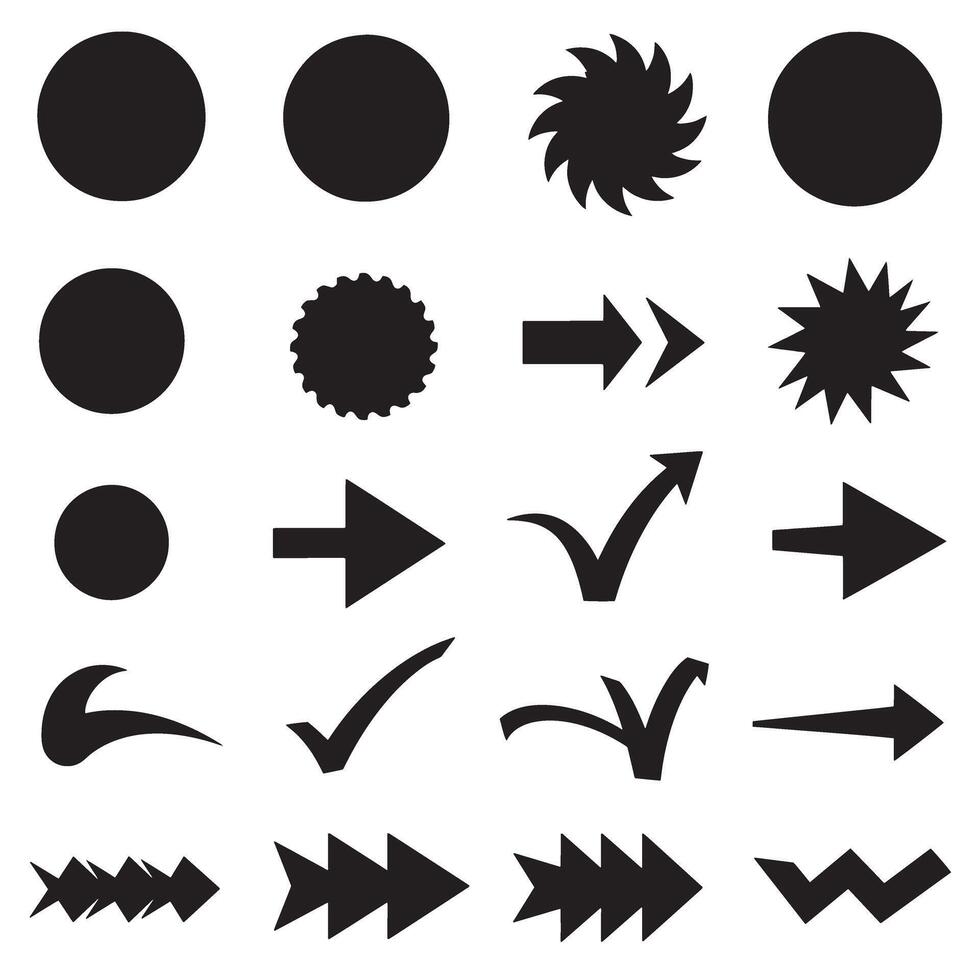 Circle, arrow, check marks, and line and other element silhouette bundle featuring outline icon art vector