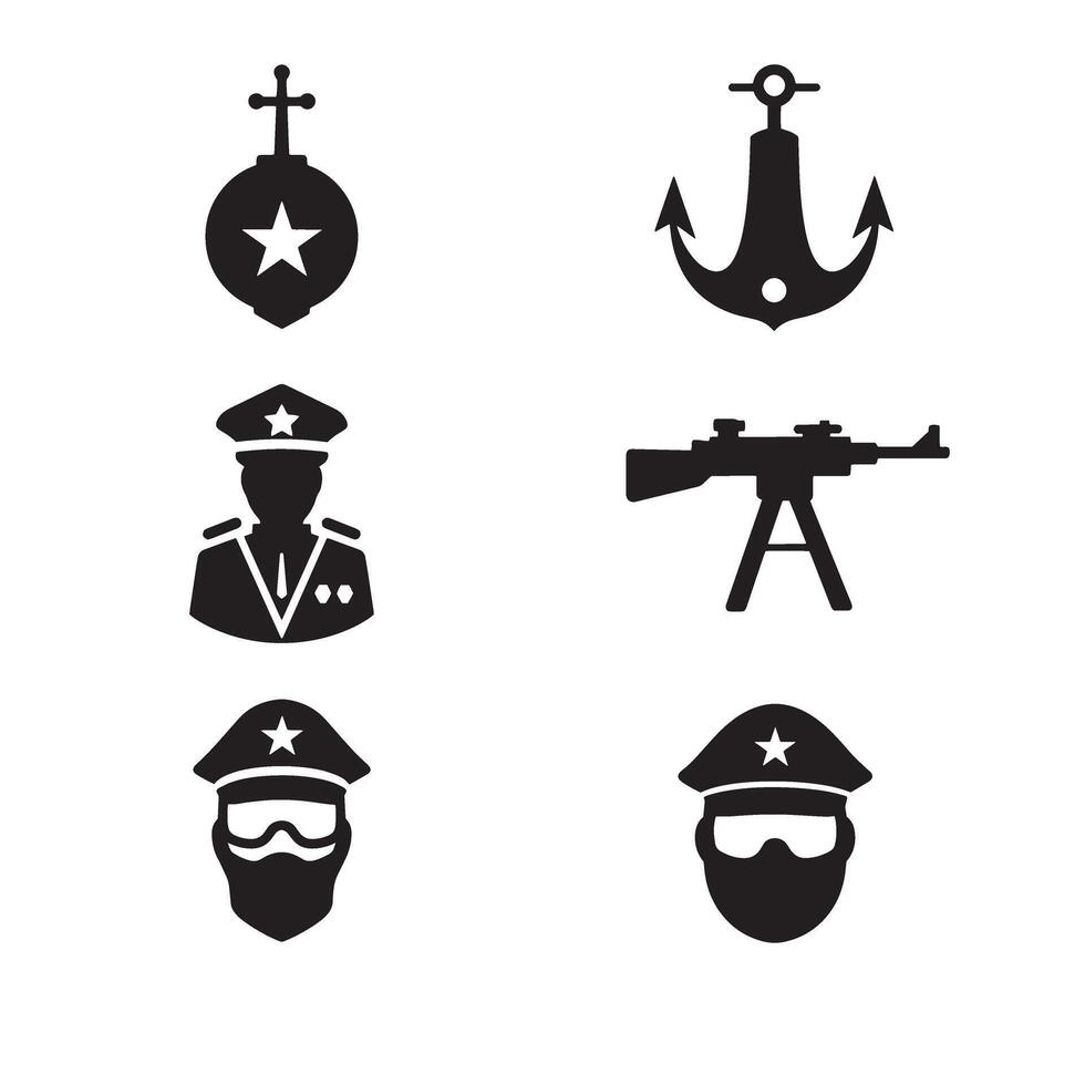 Army emblem icon set with distinct military imagery in artistic silhouette style for government and official projects vector