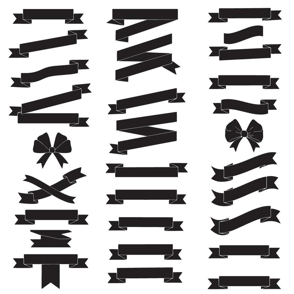 Outline vintage ribbon banner set bundle silhouette variation design with emblem, scroll, and label icons vector