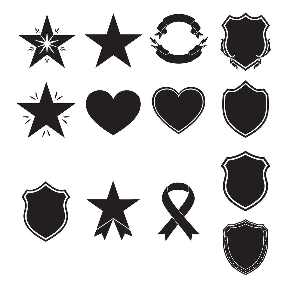 Ornamental star, shield, heart shape, ribbons banner and element set silhouette for outline style icons vector