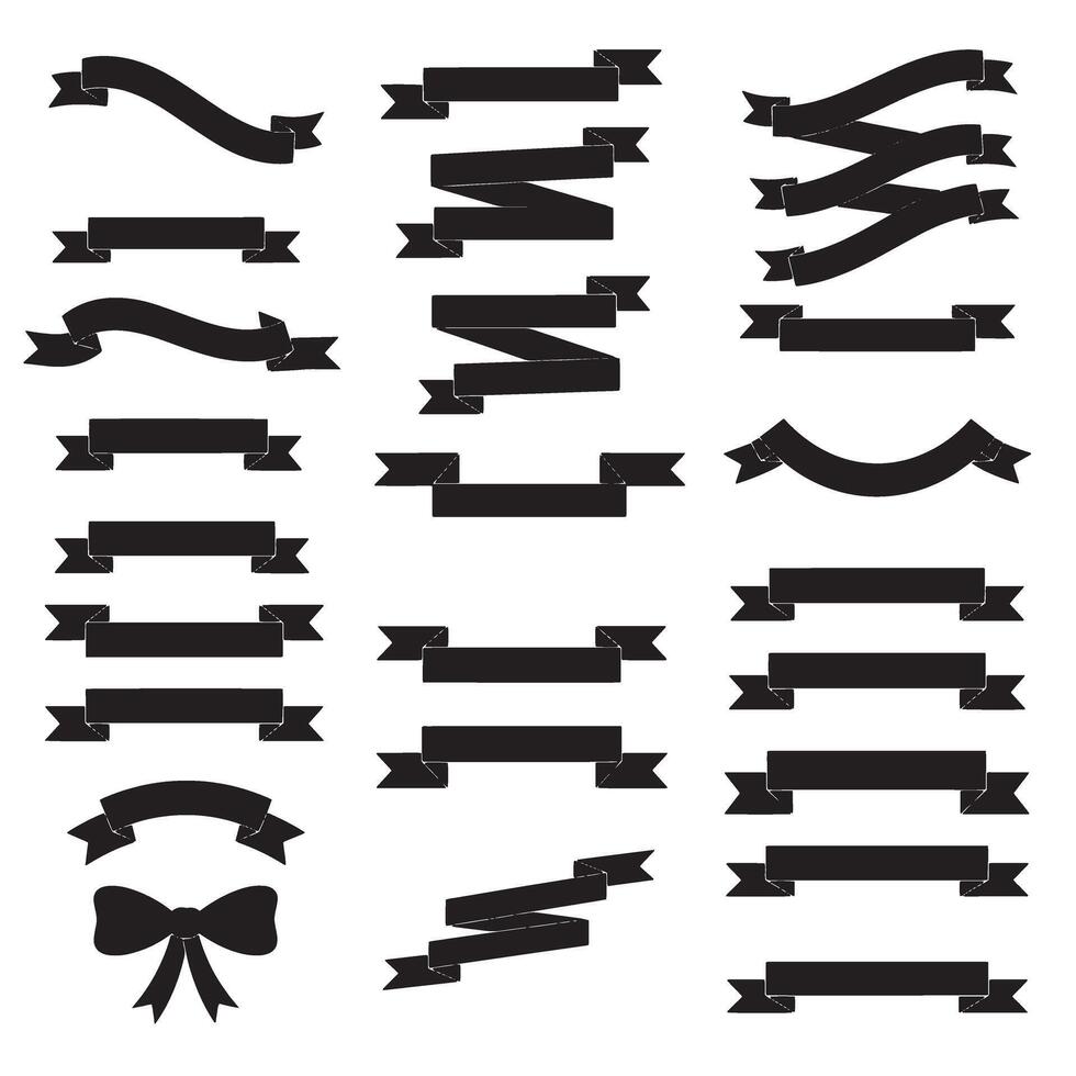 Vintage ribbon banner set bundle silhouette variation design with scroll, curve, and folded ribbon style vector