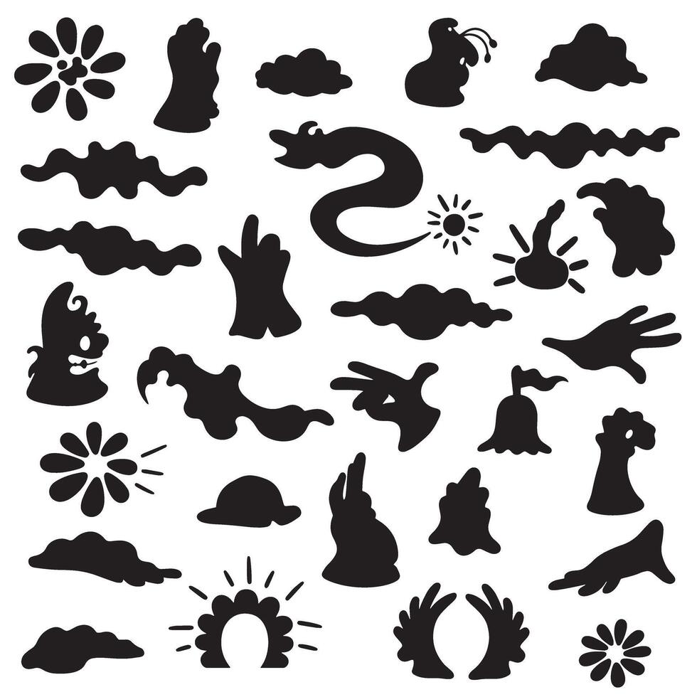 Groovy variation design cartoon animal, ribbon, flower, star, and hand silhouette bundle for retro branding, layout, and art vector