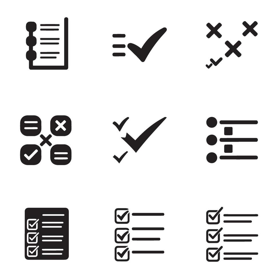 Forms icon and productivity checklist bundle with checkmarks cross signs and silhouette symbols vector