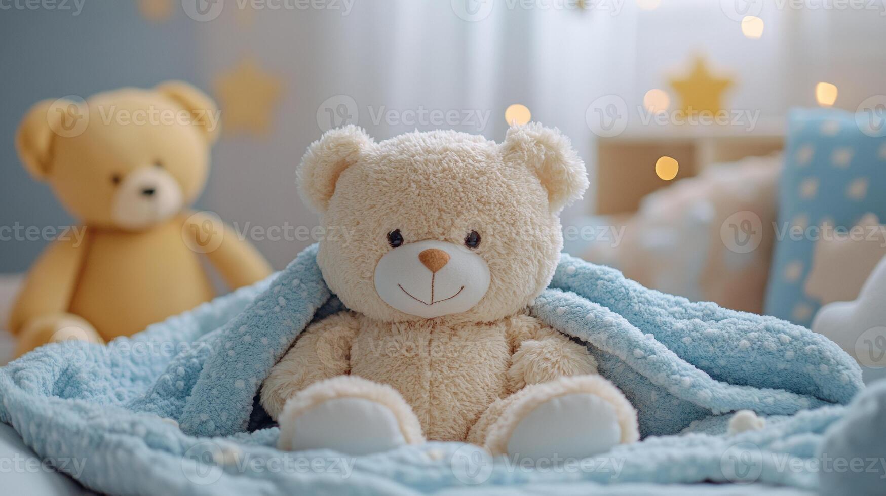 A teddy bear is wrapped in a blanket on a bed photo